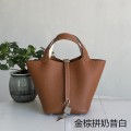 「#4357」 Hermès Golden Brown and Milkshake White Silver Buckle Picotin Lock 18cm