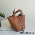 「#4357」 Hermès Golden Brown and Milkshake White Silver Buckle Picotin Lock 18cm