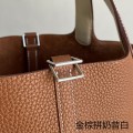 「#4357」 Hermès Golden Brown and Milkshake White Silver Buckle Picotin Lock 18cm