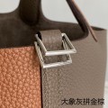 「#4360」 Hermès Elephant Grey with Golden Brown Silver Buckle Picotin Lock 18cm