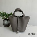 「#4446」 Hermès Pewter Grey Silver Buckle Picotin Lock 18cm