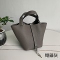 「#4446」 Hermès Pewter Grey Silver Buckle Picotin Lock 18cm