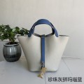 「#4454」 Hermès Pearl Grey and Agate Blue Picotin Lock 18cm