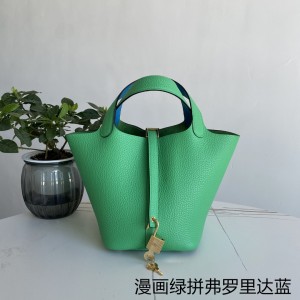 「#4466」 Hermès Comic Green and Florida Blue Gold Buckle 18cm Picotin Lock 18cm