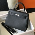 「#4058」Hermès Black Kelly Bag Silver Buckle 25cm
