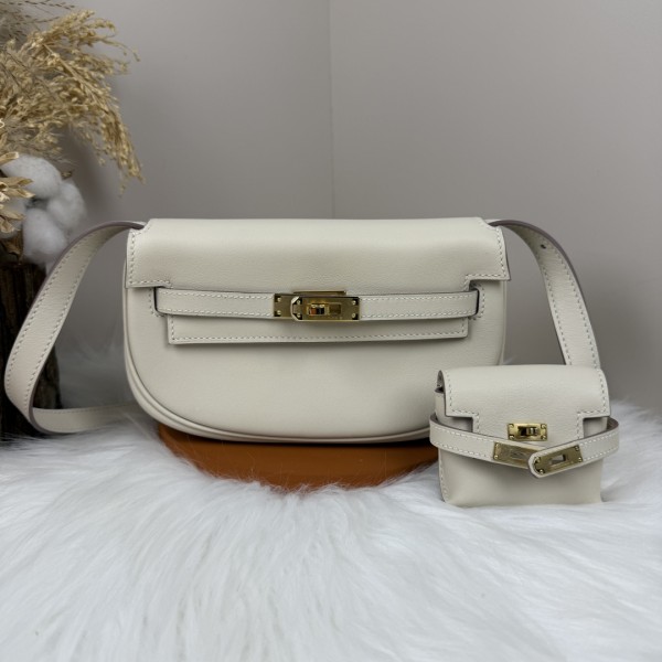 「#4505」 Hermès Moon Bag Beige White Gold Buckle Kelly Moove Large Bag 17cm Small Bag 7.5cm