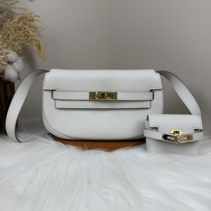 「#4507」 Hermès Moon Bag Milk Grey Gold Buckle Swift Leather Kelly Moove Large Bag 17cm Small Bag 7.5cm