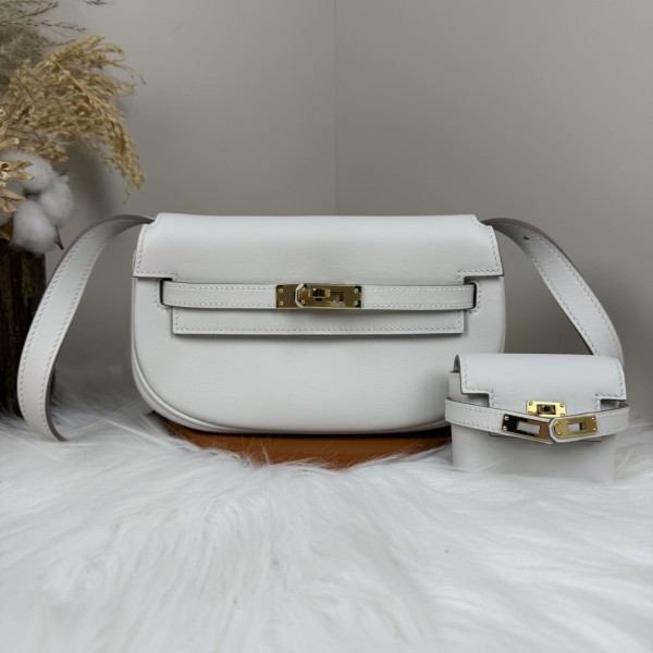 「#4507」 Hermès Moon Bag Milk Grey Gold Buckle Swift Leather Kelly Moove Large Bag 17cm Small Bag 7.5cm