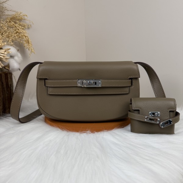 「#4513」 Hermes Moon Bag Elephant Grey Silver Buckle Swift Leather Kelly Moove Large Bag 17cm Small Bag 7.5cm