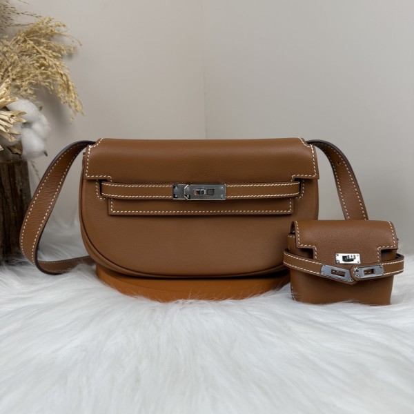 「#4514」 Hermes Moon Bag Earthy Yellow Silver Buckle Swift Leather Kelly Moove Large Bag 17cm Small Bag 7.5cm