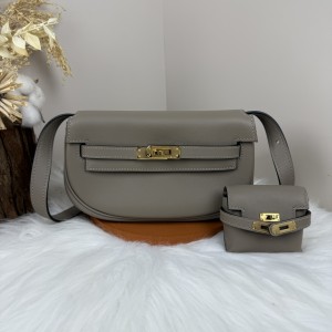 「#4518」 Hermès Moon Bag Asphalt Grey Gold Buckle Swift Leather Kelly Moove Large Bag 17cm Small Bag 7.5cm