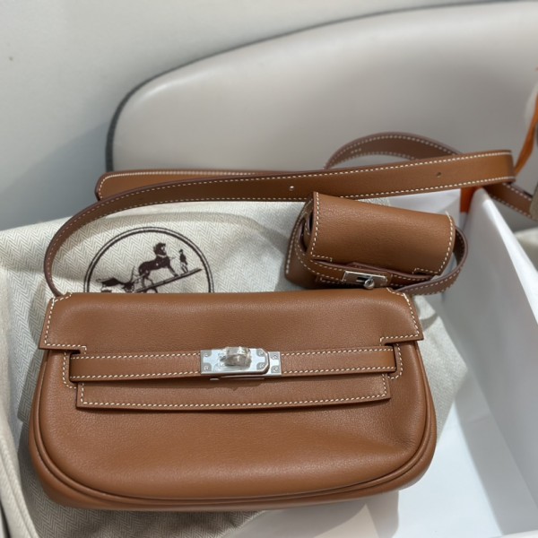 「#4520」 Hermès Moon Bag Golden Brown Silver Buckle Swift Leather Kelly Moove Large Bag 17cm Small Bag 7.5cm