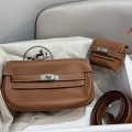 「#4520」 Hermès Moon Bag Golden Brown Silver Buckle Swift Leather Kelly Moove Large Bag 17cm Small Bag 7.5cm