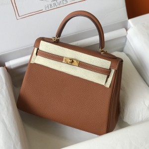 「#4061」 Hermes Golden Brown Kelly Bag Gold Buckle 25cm