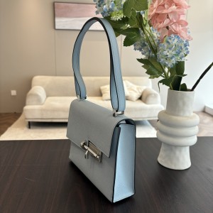 「#4523」 Hermes Pistol Bag Haze Blue Verrou Epsom Leather Stainless Steel Hardware Semi-Handmade Wax Thread Sewing 21cm