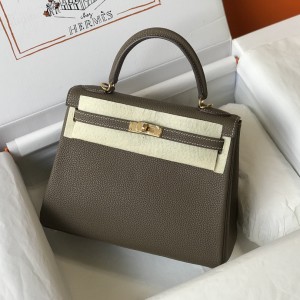 「#4062」 Hermes Elephant Grey Kelly Bag Gold Buckle 25cm