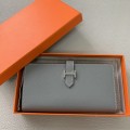 「#4565」 Hermes Linen Blue Suit Clip Bearn Wallet Togo Leather 17.5*9cm