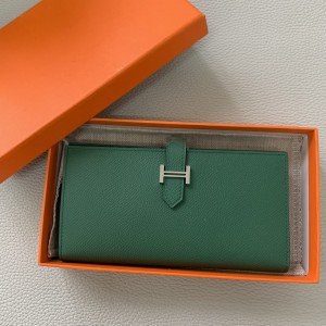 「#4566」 Hermes peacock green suit wallet bearn wallet togo leather 17.5*9cm