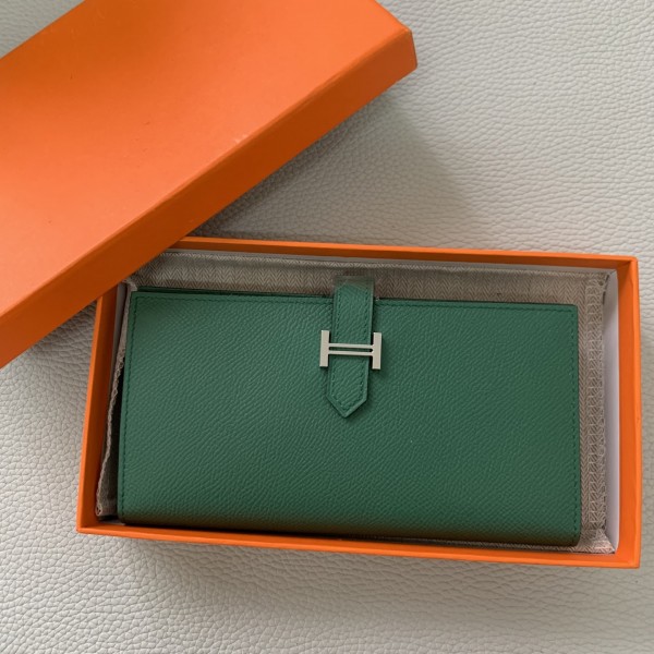 「#4566」 Hermes peacock green suit wallet bearn wallet togo leather 17.5*9cm