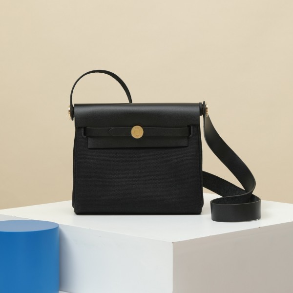 「#4572」 Hermès Black HB20H Viking Canvas and Hunter Leather Shoulder Bag 20cm