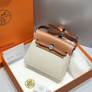 「#4589」 Hermes Apricot Linen Gold Brown Silver Buckle HB20H Viking Canvas and Hunter Leather Shoulder Bag 20cm