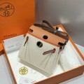 「#4589」 Hermes Apricot Linen Gold Brown Silver Buckle HB20H Viking Canvas and Hunter Leather Shoulder Bag 20cm
