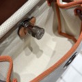 「#4589」 Hermes Apricot Linen Gold Brown Silver Buckle HB20H Viking Canvas and Hunter Leather Shoulder Bag 20cm
