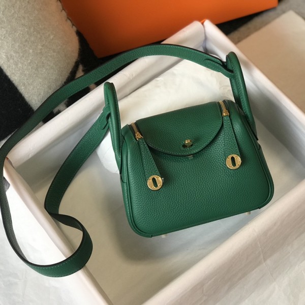 「#4072」Hermes Velvet Green Mini Lindy Bag Gold Buckle 19.5x12.5