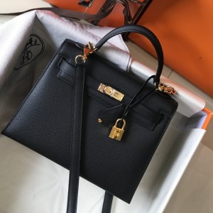 「#4009」 Hermes Black gold buckle Kelly 25cm