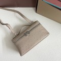 「#7031」Loro pian L19 silver buckle- FAN1034 - 19x6.5x11cm - Gray apricot ostrich pattern