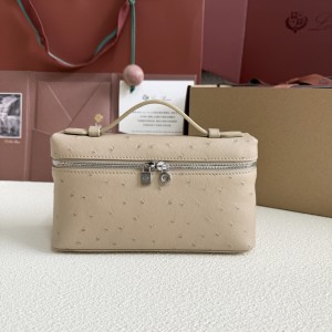 「#7031」Loro pian L19 silver buckle- FAN1034 - 19x6.5x11cm - Gray apricot ostrich pattern