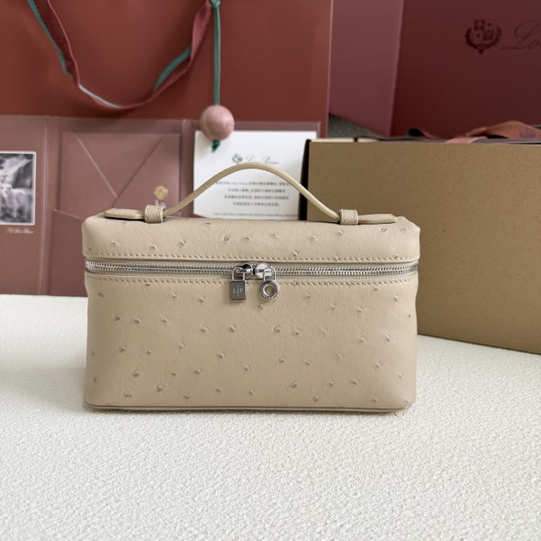 「#7031」Loro pian L19 silver buckle- FAN1034 - 19x6.5x11cm - Gray apricot ostrich pattern