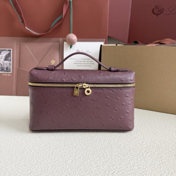 「#7032」Loro pian L19 gold buckle- FAN1034 - 19x6.5x11cm - Red wine color Ostrich skin