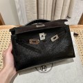 「#4078」Mini Kelly 1, black high gloss top layer leather lizard pattern silver buckle 22*14*7cm