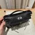 「#4078」Mini Kelly 1, black high gloss top layer leather lizard pattern silver buckle 22*14*7cm