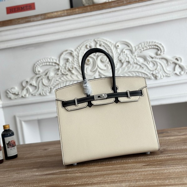 「#4657」Hermes Birkin Milkshake White/Black Epsom Leather, Silver Buckle Hand-sewn Wax Thread 25cm