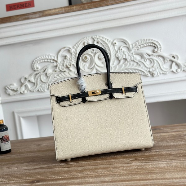 「#4658」Hermes Birkin Milkshake White/Black Epsom Leather, Gold Buckle Hand-sewn Wax Thread 25cm
