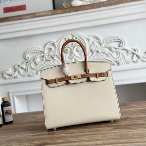 「#4660」Hermes Birkin Milkshake White/Golden Brown Epsom Leather, Gold Buckle Hand-sewn Wax Thread 25cm