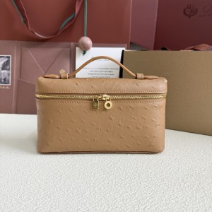 「#7038」Loro pian L19 gold buckle - FAN1034 - 19x6.5x11cm -golden brown，Ostrich skin