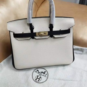 「#4679」Hermes Birkin Milkshake White and Black Epsom Leather, Gold Buckle Hand-sewn Wax Thread 25cm