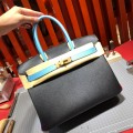 「#4684」Hermes Birkin black with light blue gold buckle epsom leather, hand-sewn wax thread 30cm