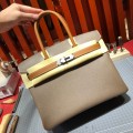 「#4685」Hermes Birkin Elephant Grey with Khaki Silver Buckle Epsom Leather, Hand-sewn Wax Thread30cm