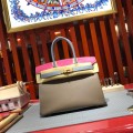 「#4690」Hermes Birkin Elephant Grey with Rose and Linen Blue with Gold Buckle, Epsom Leather, Hand-sewn Wax Thread 30cm
