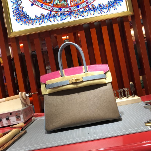 「#4690」Hermes Birkin Elephant Grey with Rose and Linen Blue with Gold Buckle, Epsom Leather, Hand-sewn Wax Thread 30cm
