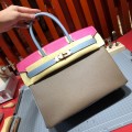 「#4690」Hermes Birkin Elephant Grey with Rose and Linen Blue with Gold Buckle, Epsom Leather, Hand-sewn Wax Thread 30cm