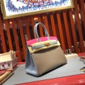 「#4690」Hermes Birkin Elephant Grey with Rose and Linen Blue with Gold Buckle, Epsom Leather, Hand-sewn Wax Thread 30cm