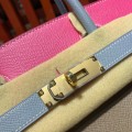 「#4690」Hermes Birkin Elephant Grey with Rose and Linen Blue with Gold Buckle, Epsom Leather, Hand-sewn Wax Thread 30cm