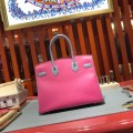 「#4690」Hermes Birkin Elephant Grey with Rose and Linen Blue with Gold Buckle, Epsom Leather, Hand-sewn Wax Thread 30cm