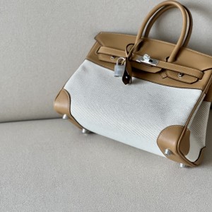 「#4692」Hermes Birkin 4B biscuit color/silver buckle swift leather and canvas, hand-sewn wax thread 25cm