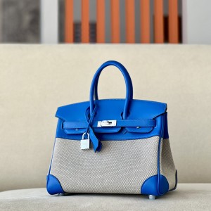 「#4694」Hermes Birkin71 French blue/silver buckle Swift leather and canvas, hand-sewn wax thread 25cm